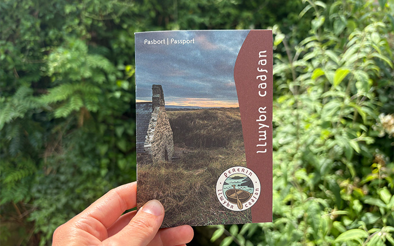 Pasbort Llwybr Cadfan gyda coedwig gwyrdd hardd yn y cefndir